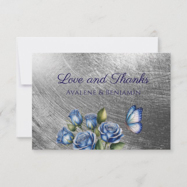 Elegant Blue Roses Butterfly Silver Wedding Tack Kort (Framsida)