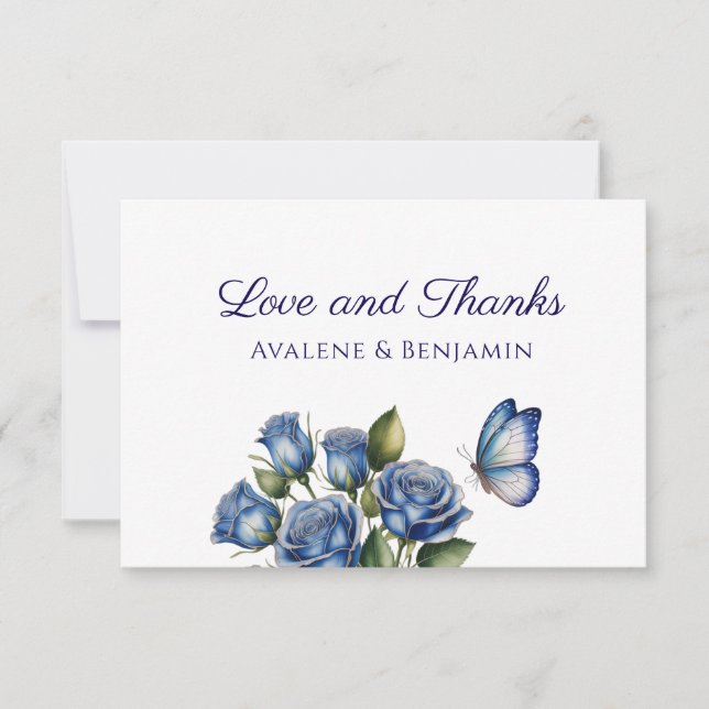 Elegant Blue Roses Butterfly Silver Wedding Tack Kort (Framsida)
