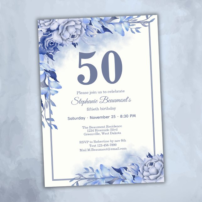 Elegant Blue Roses Floral Women's 50th Birthday  Inbjudningar (Skapare uppladdad)