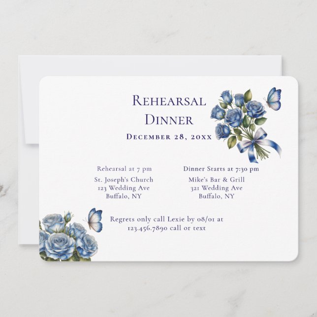 Elegant Blue Roses Silver Rehearsal Dinner Inbjudningar (Framsida)