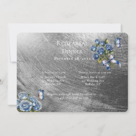 Elegant Blue Roses Silver Rehearsal Dinner Inbjudningar