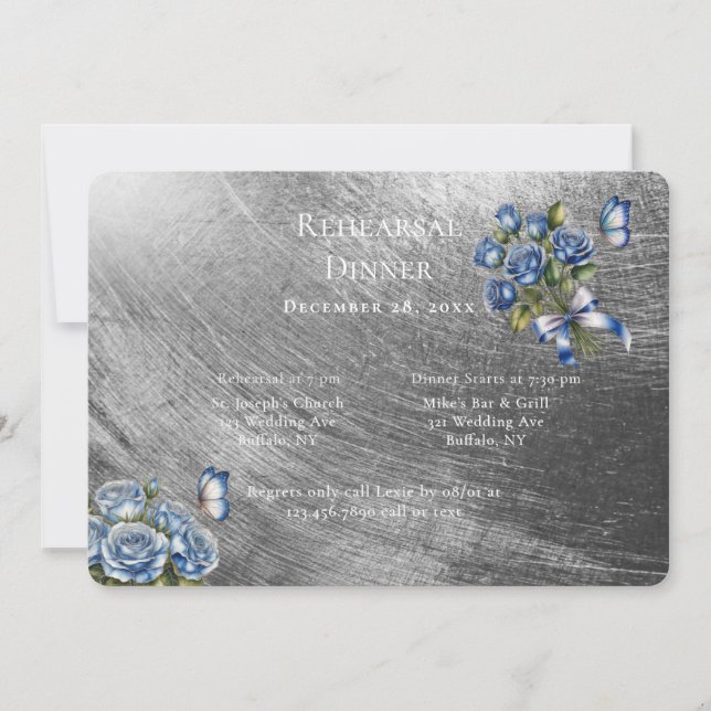 Elegant Blue Roses Silver Rehearsal Dinner Inbjudningar (Framsida)