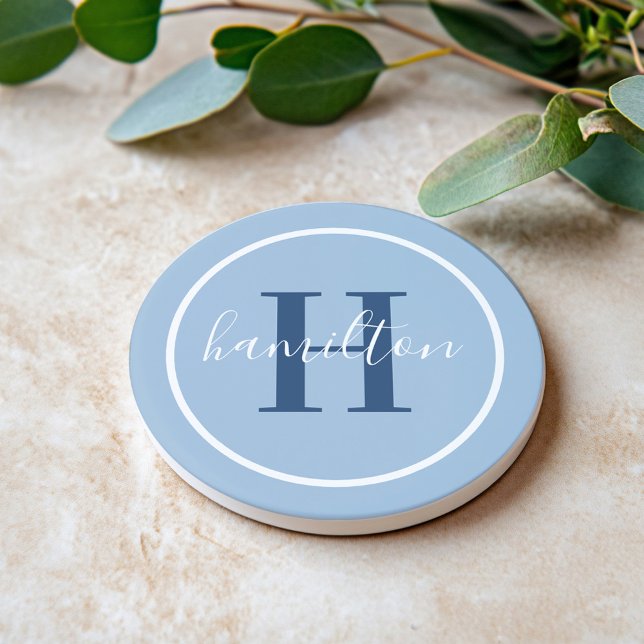 Elegant Blue Round Anpassningsbar Monogram Initial Underlägg (Skapare uppladdad)