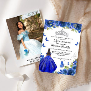 Elegant Blue Royal Blommigt Butterfly Quinceanera Inbjudningar