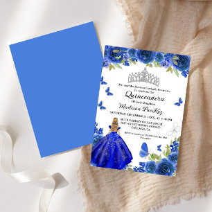 Elegant Blue Royal Blommigt Butterfly Quinceanera Inbjudningar