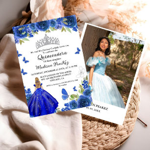 Elegant Blue Royal Blommigt Butterfly Quinceanera Inbjudningar