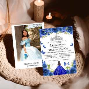 Elegant Blue Royal Blommigt Butterfly Quinceanera Inbjudningar