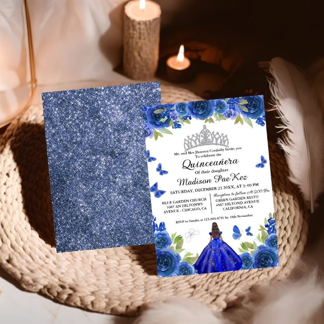 Elegant Blue Royal Blommigt Butterfly Quinceanera Inbjudningar (Skapare uppladdad)