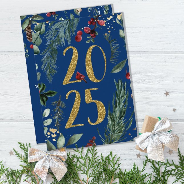 Elegant Blue Rustic 2025 New Years Helgdag Card Julkort (ELEGANT BLUE RUSTIC WINTER BOTANICAL NEW YEARS GREETING CARD)