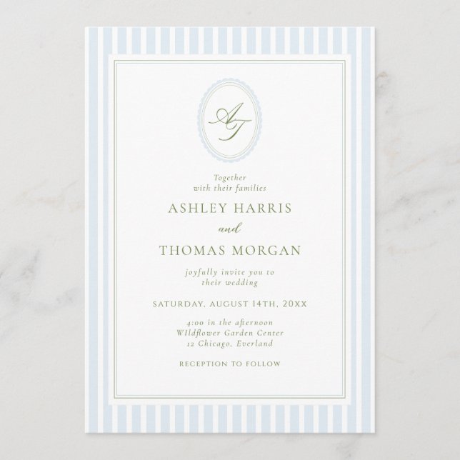 Elegant Blue & Sage Monogram Wedding Invitation Inbjudningar (Framsida)