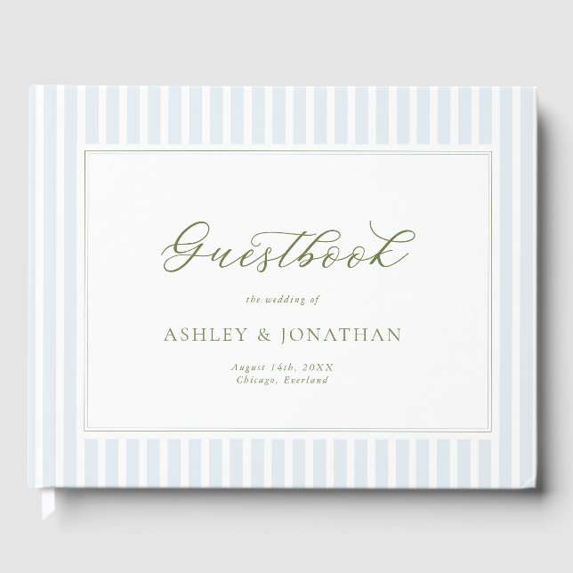 Elegant Blue & Sage Striped Wedding Invitation Gästböcker (Framsida)