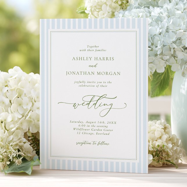 Elegant Blue & Sage Striped Wedding Invitation Inbjudningar (Skapare uppladdad)