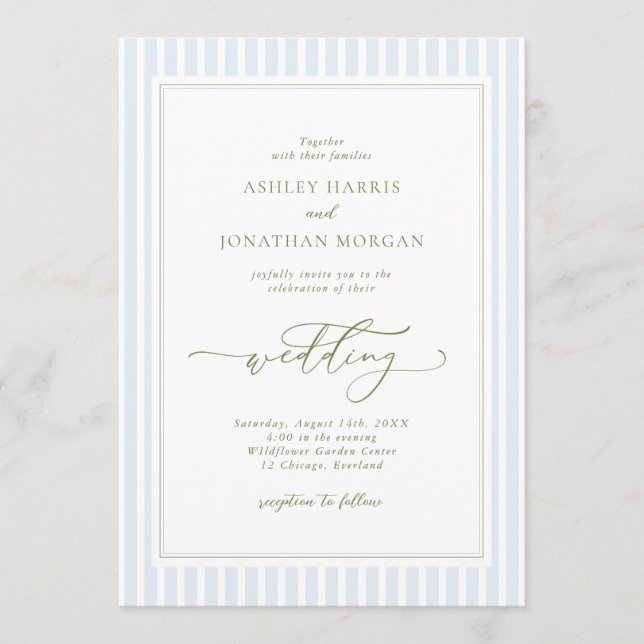 Elegant Blue & Sage Striped Wedding Invitation Inbjudningar (Framsida)