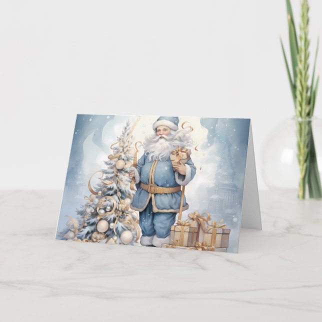 Elegant Blue Santa med Julgran design Kort (Framsida)