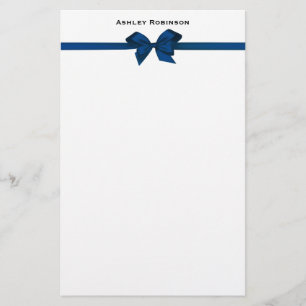 Elegant Blue Satin Bow on White Brevpapper