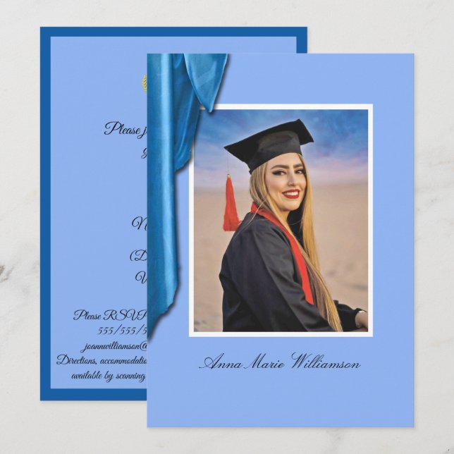 Elegant Blue Satin Grad Party Invitation Inbjudningar (Fram/baksida)
