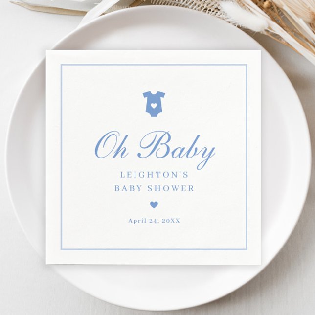 Elegant Blue Script Baby Shower Pappersservett (Elegant Blue Oh Baby Script Boys Baby Shower Napkins.)