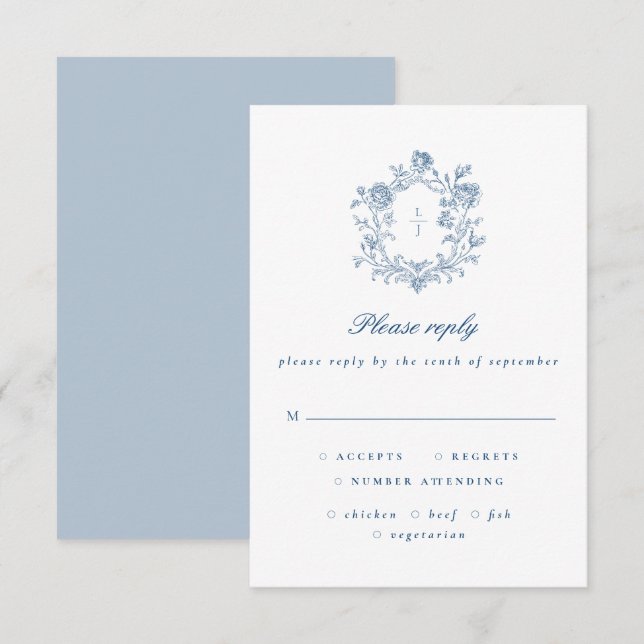 Elegant Blue Script Floral Crest Wedding RSVP OSA Kort (Fram/baksida)