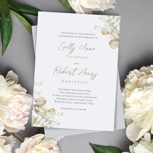 Elegant Blue Script Greenery Bröllop Inbjudningar (Elegant light blue and sage green leaves wedding invitation.)