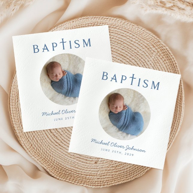 Elegant Blue Script Photo Baptism Pappersservett (Elegant Blue Script Photo Baptism Napkins)