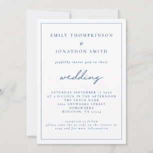 Elegant Blue Script QR-kod Bröllop Inbjudningar