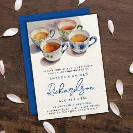 Elegant Blue Script Tea Party Reunion Watercolor Inbjudningar