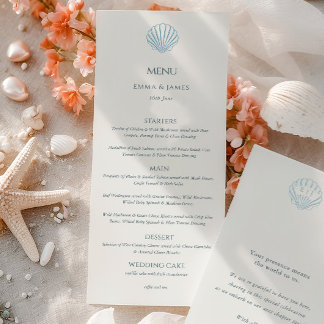 Elegant Blue Seashell Ivory Double Side Wedding Meny