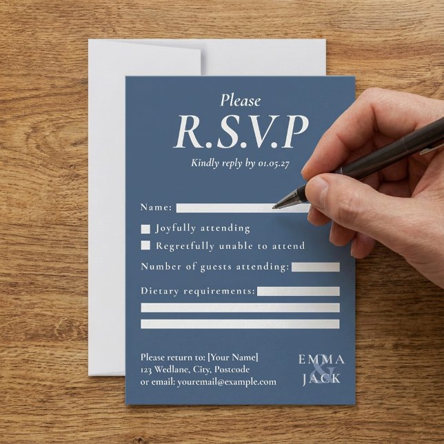Elegant Blue serif med ampersand bröllop OSA Kort (Elegant Blue serif with ampersand wedding RSVP Card.)