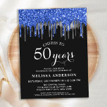 Elegant Blue Silver Black Glitter Drip 50 födelsed Inbjudan Vykort<br><div class="desc">Inbjudan vänner och familj till er födelsedagsfest med eleganten blå, silver och svart glitter droppar 50:e födelsedagsfest inbjudan och party. Den här elegantens chic födelsedag innehåller "Cheers to 50 Years", som anpassar år för 30, 40, 60, 70, 80, 90 eller någon annan ålder. Detta blå och svarta glitter-projekt är perfekt...</div>