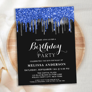 Elegant Blue Silver Black Glitter Drives Birthday Inbjudan Vykort