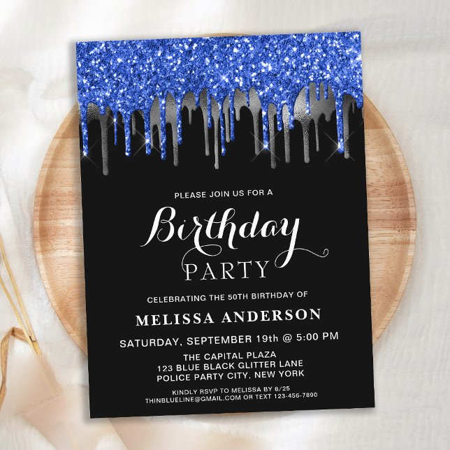 Elegant Blue Silver Black Glitter Drives Birthday Inbjudan Vykort (Skapare uppladdad)