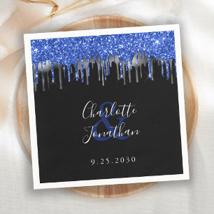 Elegant Blue Silver Black Glitter Drives Bröllop Pappersservett