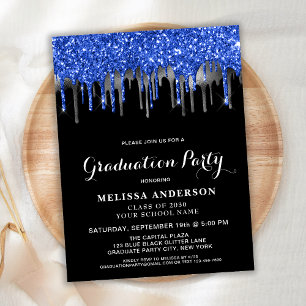 Elegant Blue Silver Black Glitter Drives Studenten Inbjudan Vykort