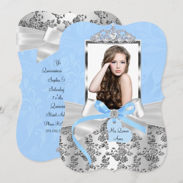 Elegant Blue Silver Bow Ro Photo Quinceanera 1 Inbjudningar (Fram/baksida)