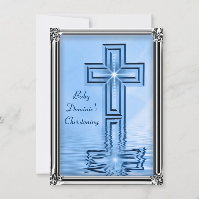 Elegant Blue & Silver Christening Inbjudningar (Framsida)