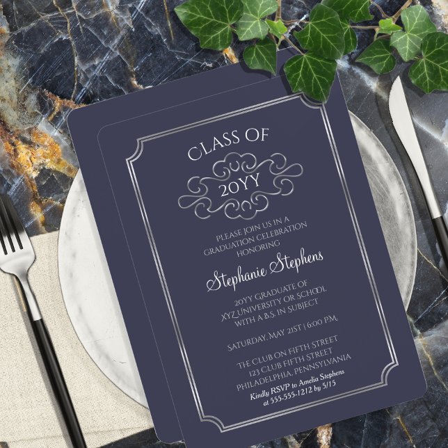 Elegant Blue | Silver College Graduation Party Inbjudningar (Elegant Blue Silver College Graduation Party Invitation - Available in Print and/or Digital Download)