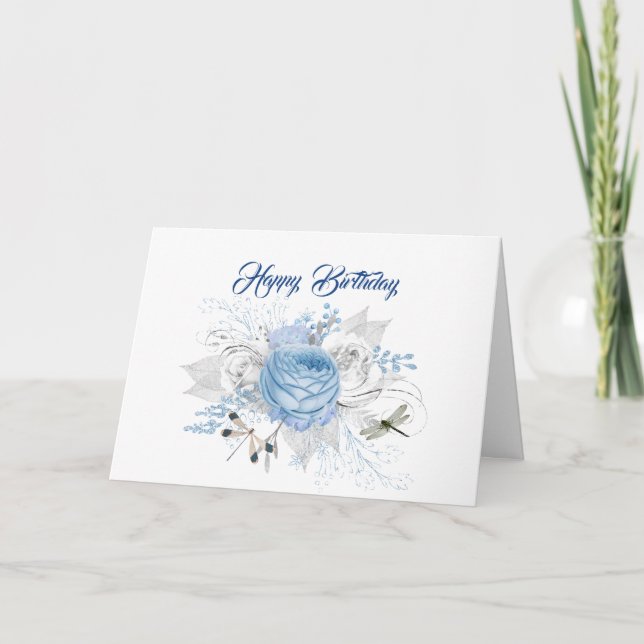 Elegant Blue Silver Dragonfly Blommigt Birthday Kort (Framsida)