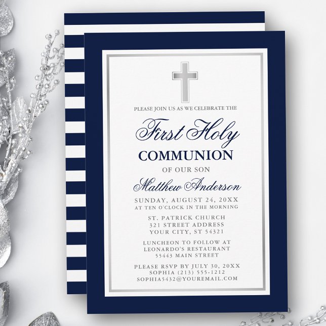 Elegant Blue Silver First Heliga Communion Stripe Inbjudningar (Customize to change text size, color or text style.)