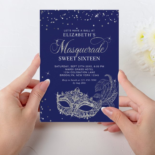 Elegant Blue Silver Glitter Masqueravaret Sweet 16 Inbjudningar (Skapare uppladdad)