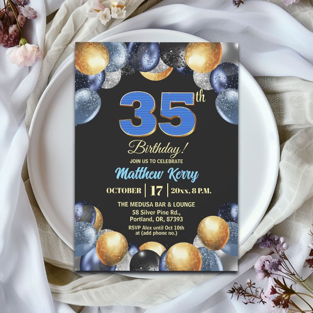 Elegant Blue Silver Gold 35th Birthday Party Inbjudningar (Skapare uppladdad)