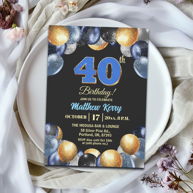 Elegant Blue Silver Gold 40th Birthday Party Inbjudningar (Skapare uppladdad)
