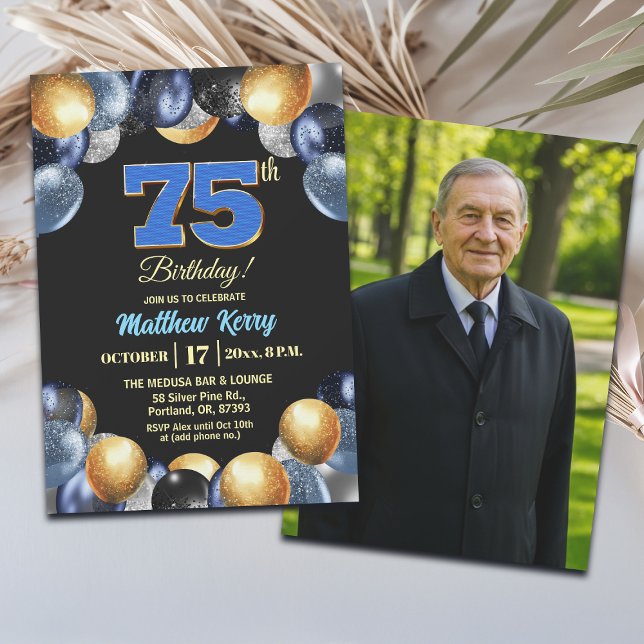 Elegant Blue Silver Gold 75th Birthday Photo Inbjudningar (Skapare uppladdad)