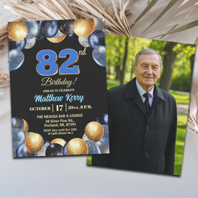 Elegant Blue Silver Gold 82nd Birthday Photo  Inbjudningar (Skapare uppladdad)