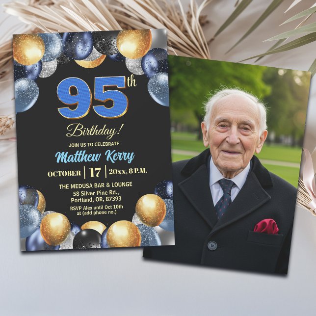 Elegant Blue Silver Gold 95th Birthday Photo  Inbjudningar (Skapare uppladdad)