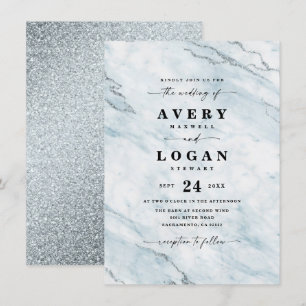 Elegant Blue & Silver Marble & Glitter Bröllop Inbjudningar