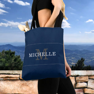 Elegant Blue Silver Monogram Namn Personlig Tygkasse