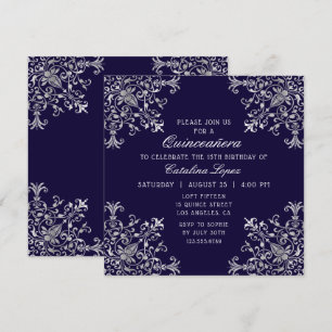 Elegant Blue Silver Ornate Blommigt Quinceañera Inbjudningar