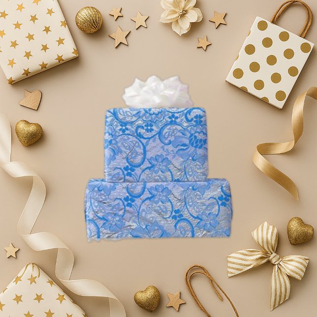 Elegant Blue Silver Paisley Blommigt Presentpapper (Skapare uppladdad)