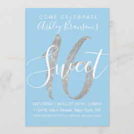 Elegant Blue Silver Sequin Glitter Sweet 16 Inbjudningar