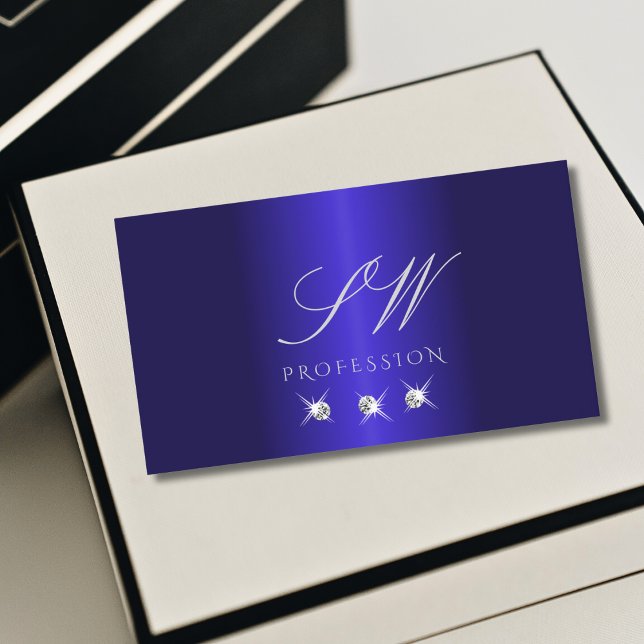 Elegant Blue Silver Sparkling Diamonds Monogram Visitkort (Skapare uppladdad)